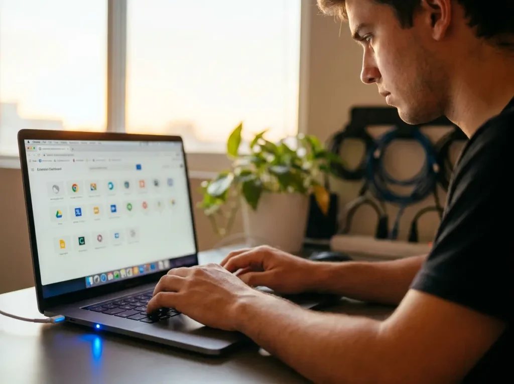 ZeroDelay: extensão promete reduzir atraso do YouTube em até 80% Desenvolvedor em perfil 3/4 usando laptop com extensão destacada por indicador luminoso