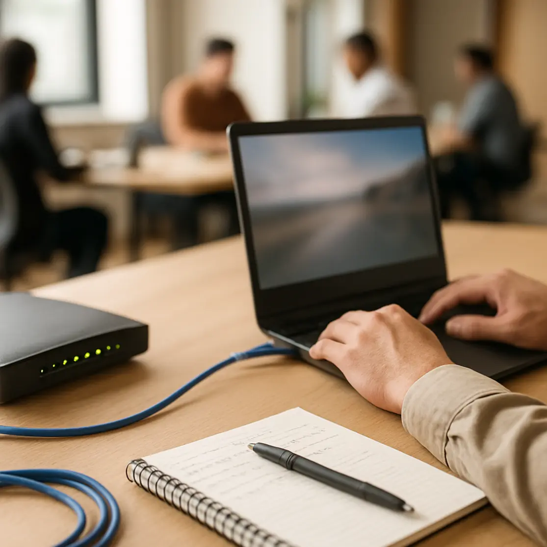 Técnico conectando cabo de rede a laptop, com roteador e LEDs verdes ao fundo