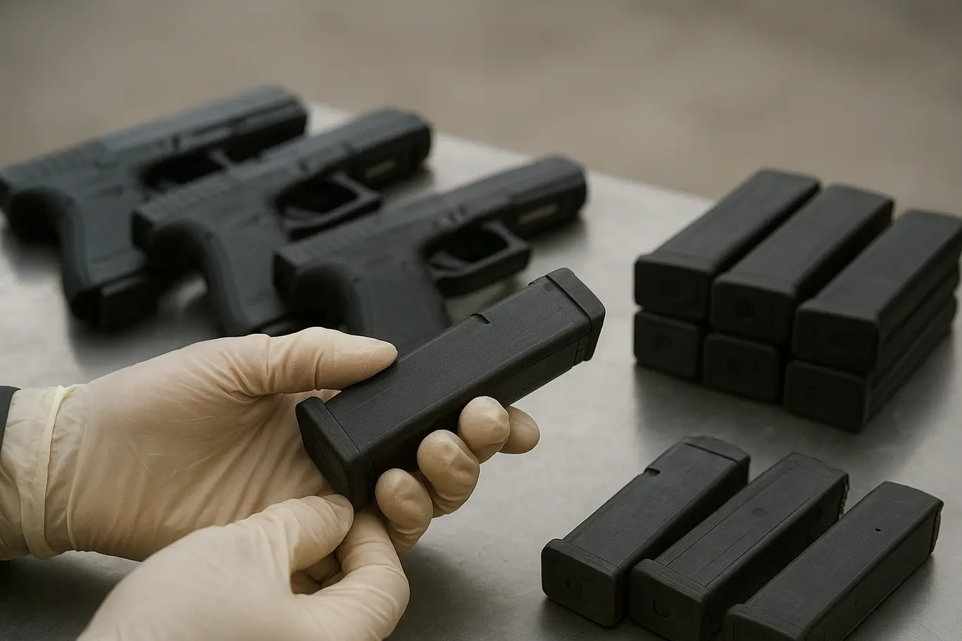 Detalhe de pistolas alinhadas e várias pilhas de carregadores em mesa de triagem, mãos com luvas forenses manuseando um carregador, fundo neutro desfocado.