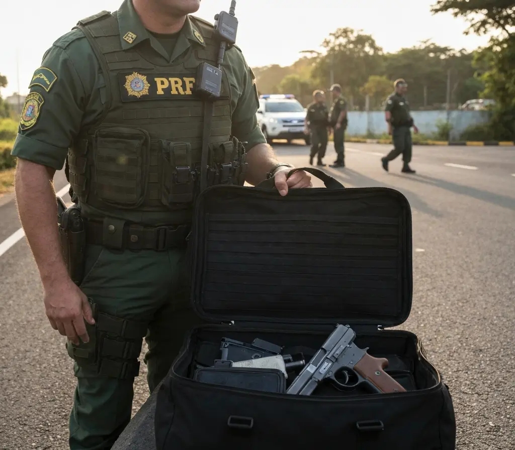 Cão da PRF encontra 20 pistolas e 40 carregadores na BR-060 e preocupa Brasília Cão farejador da PRF junto a mala aberta no acostamento com pistolas e carregadores visíveis; policial e viatura ao fundo sem faces identificáveis.